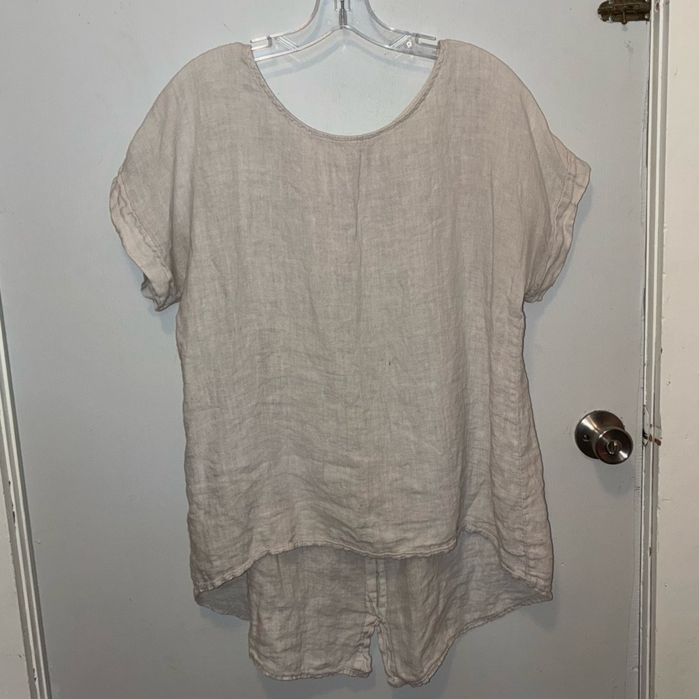 TERZO MILLENNIO Linen Beige High Low Tunic Top Women's Medium Boho Pullover